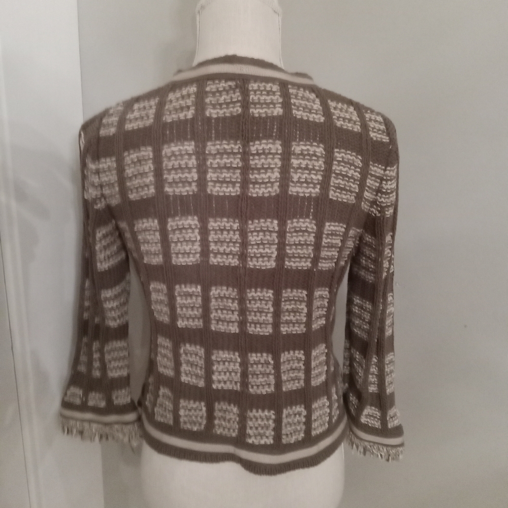 Chico's Size 0 Small Brown and White Stripe Jacket w/ Frindges on Edge - Picture 3 of 4